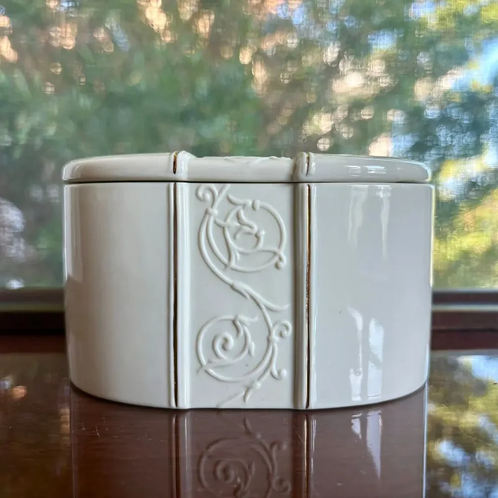 Vintage Croscill White Ceramic Trinket Box Oval with Gold Trim Scrolls